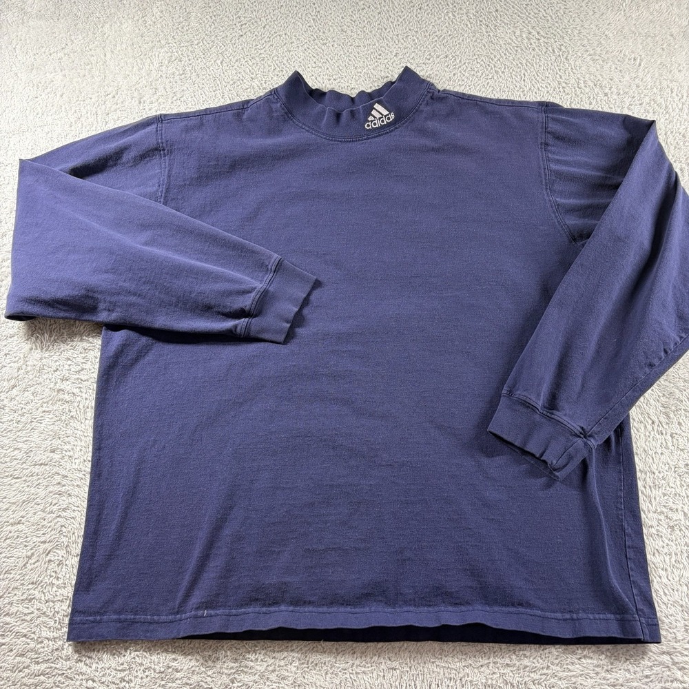 VINTAGE Adidas Shirt Mens XL Navy Blue Mock Neck Base Layer Cotton USA Made